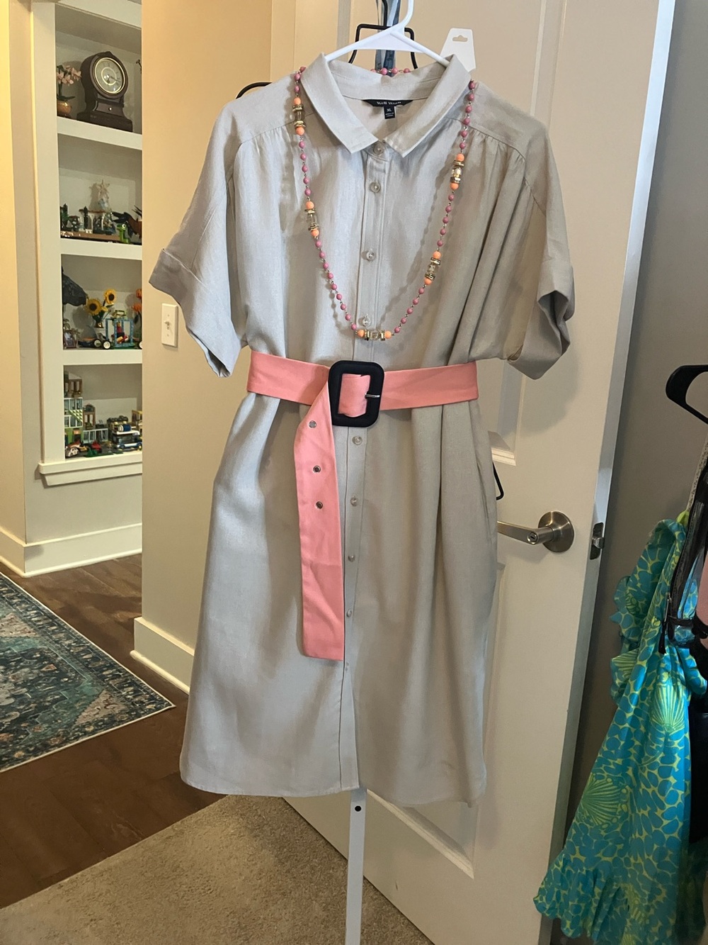 Well Worn Light Beige Button-Down Linen Shirt Dress